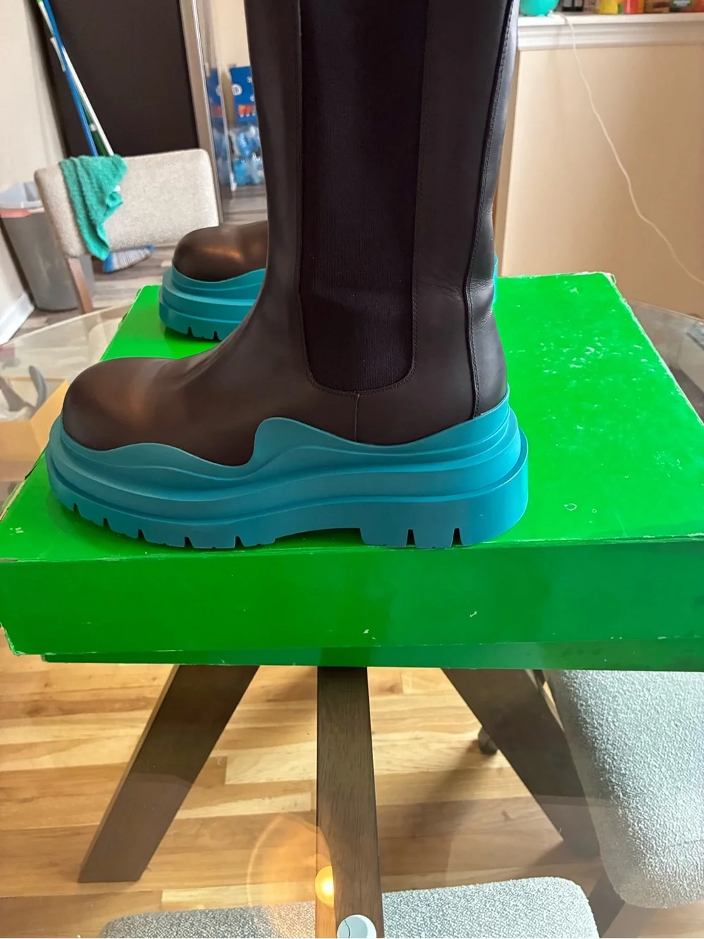 Bottega Veneta Black Leather Boots with Turquoise Platform Soles